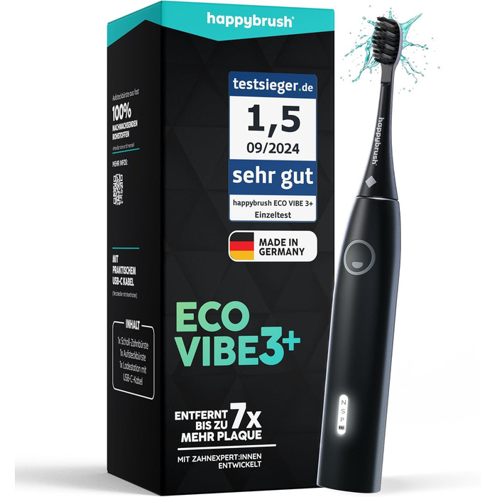 Електрична звукова зубна щітка happybrush® Eco Vibe 3 - Тест-переможець - 100 днів тестування. В комплекті 4 насадки. Чорний колір.