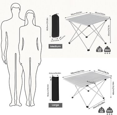 WOLTU Складаний туристичний столик з алюмінію для кемпінгу, пікніків та риболовлі, 68x46x40 см, срібний