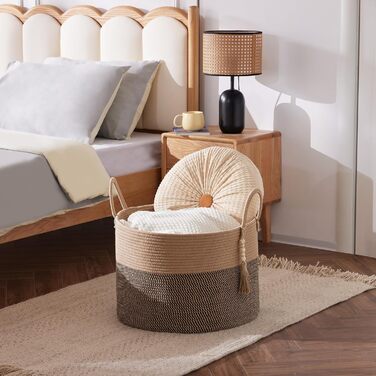 YOUDENOVA Woven Laundry Basket Large 65L Basket Storage Basket Blanket Toy Basket for Living Room Children's Room Storage Basket Laundry Collector 50x33 (Jute & Black, 50cm(D) x 33cm(H))