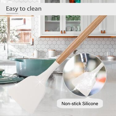 Набір кухонних аксесуарів 12 шт. з силікону з дерев'яними ручками, термостійкий антипригарний набір посуду: щипці, лопатки, ложки. Бежевий колір