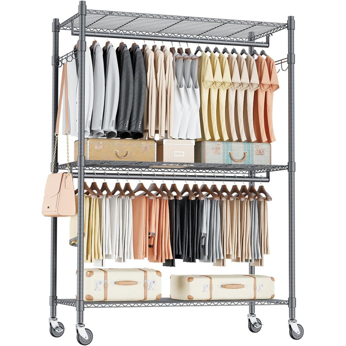 Double Clothes Rack/Garment Rod with Adjustable Shelves, Heavy-Duty Clothes Rack with 2 Hooks, Clothes Rack with Wheels, 90 * 42 * 205cm, White (Gray, 90*42*205cm)