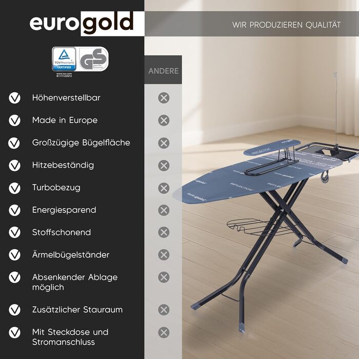 Прасувальна дошка EUROGOLD® XXL 130x48 см з турбочохлом та дощечкою для рукавів - для парогенераторів (Виготовлено в Європі) - з розеткою - стабільна та регульована по висоті, блакитна