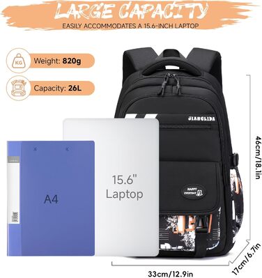 Шкільний рюкзак Tanou для хлопців-підлітків, принт графіті, водонепроникний, для школи, гімназії, старшої школи (Чорний/Оранжевий)