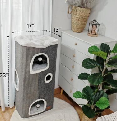 Spindro Cat Cave Cat Bed Large, Cat House Indoor Cat Sleeping Place with Removable Sherpa Cat Cushion and Hanging Toy, Cat Bed, Light Grey 42x42x33cm (4 level (42cmx32cmx84cm), Grey)