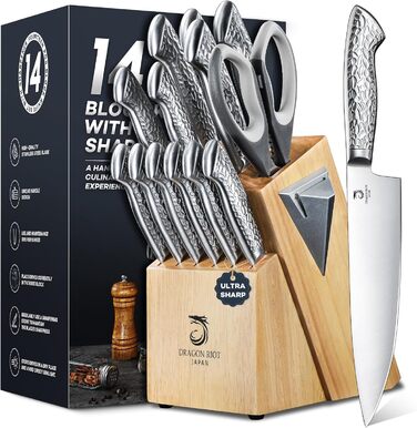 Dragon Riot 14-Piece Self-Sharpening Knife Set with Block - Professional Japanese Stainless Steel Kitchen Knives, Ergonomic Grip, 30cm