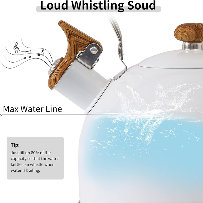 Чайник для плити LONFFERY 2.5 л з свистком, з нержавіючої сталі, дерев'яним декором, складаним ручками, кремово-білий