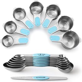 Spring Chef Magnetic Measuring Cups & Spoons Set (Patented), Strong Magnets, Durable Stainless Steel, Fits Spice Jars for Baking & Cooking, BPA-Free, Round, 15-Piece Set with Leveler, Aqua