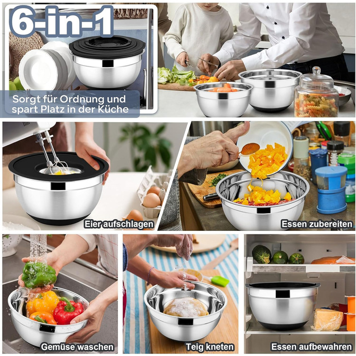 HaWare Mixing Bowl Set of 6, Stainless Steel Bowl Salad Bowl Set with Airtight Lid & 3 Grater Attachments, 4.6L/2.8L/2.5L/1.6L/1.2L/0.7L, Non-Slip Silicone Bottom & Dishwasher Safe, Black