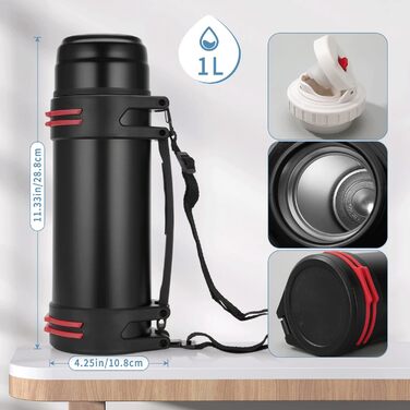 Термос-пляшка з кришкою-чашкою 1 л, 1,5 л або 2 л: нержавіюча сталь, ізоляція, для кемпінгу та піших прогулянок, 24 години гарячого/холодного, з ручкою та ремінцем (1,5 л)