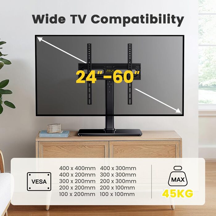 Підставка для телевізора поворотна, універсальна, для LED, LCD, Flat & Curved телевізорів 32-60 дюймів, до 40 кг, VESA 400x400 мм