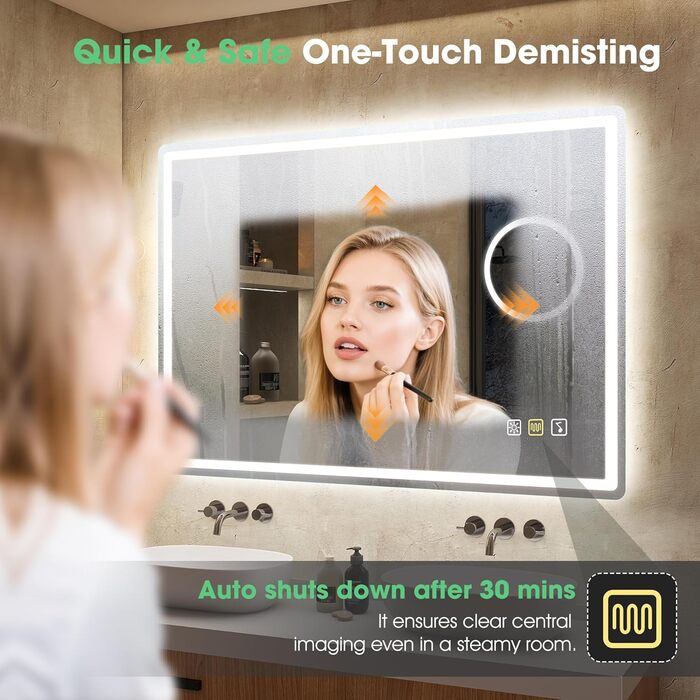 Дзеркало для ванної кімнати S'bagno з підсвічуванням 100x70 см, LED, з пам'яттю, антизапар, 3 колірні температури, регулювання яскравості, HD скло, IP44, горизонтальне/вертикальне (з 5-кратною лупою та Bluetooth)