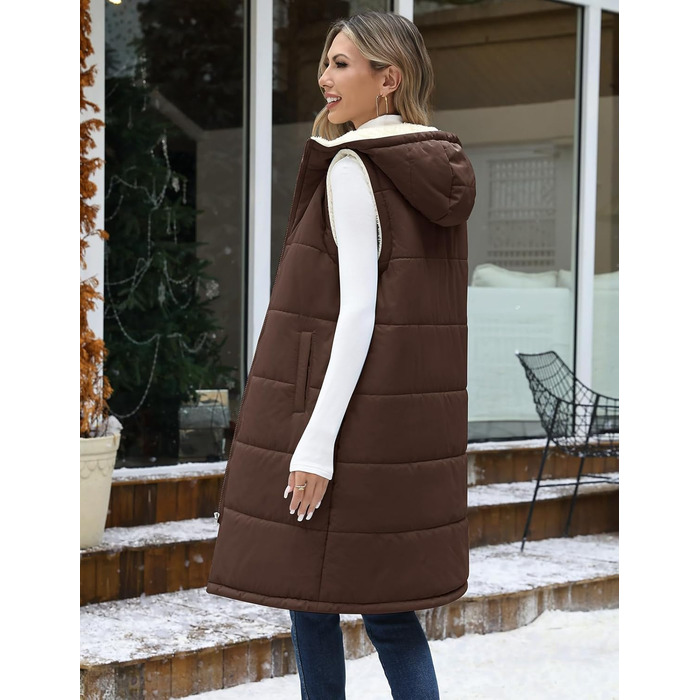 Жіноча степкова жилетка Vancavoo з капюшоном на осінь/зиму. Тепла жилетка з флісу, кава, розмір M