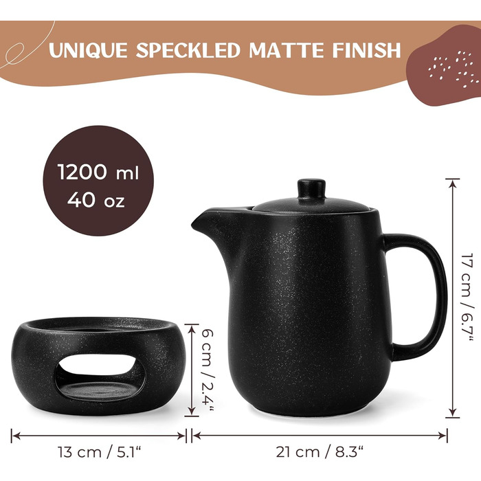 Happy Lemuro Teapot Set with Trivet - 1.2 l - Ceramic Teapot with Infuser and Candle Warmer - Tea Pot - Teapot - Ceramic Teapot with Trivet - Tea Canister