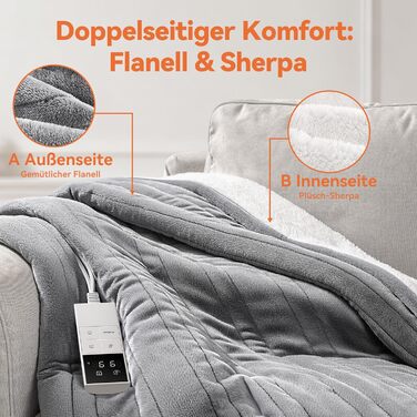 Електрична гріюча ковдра з 9 зон нагріву, таймером та функцією пам'яті, 160x120 см. Двостороння фланель та штучне хутро. Для 1 особи/дивану