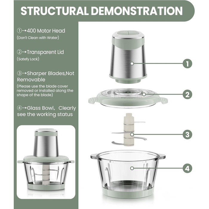 Електричний подрібнювач для кухні ESoundvol 400W з чашею 2л та 4 лезами з нержавіючої сталі для м'яса, овочів, горіхів, дитячого харчування