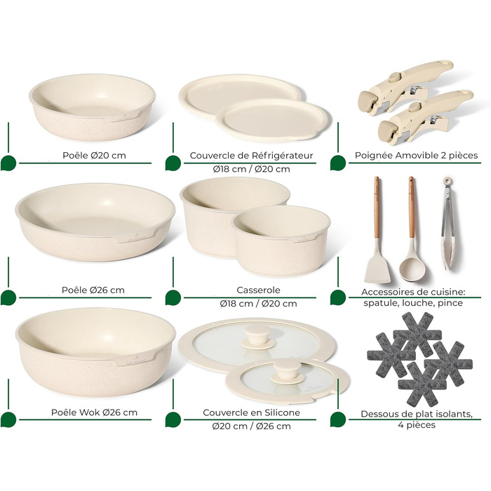 Набір кухонного посуду Just Perfecto 18 предметів з антипригарним покриттям, знімні ручки, для всіх типів плит (індукційні), без PFOA (Бежевий)