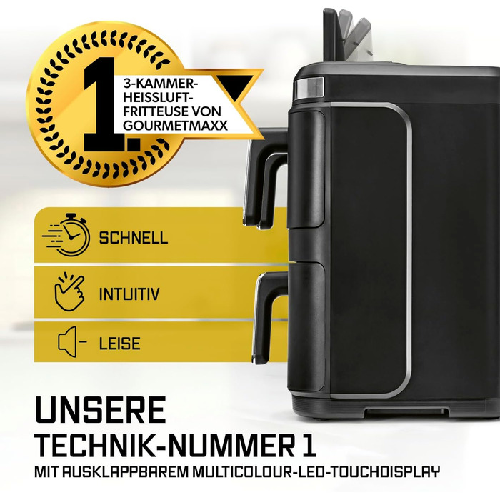 Фритюрниця електрична Gourmetmaxx FryUp3 з 3 камерами 17л, Airfryer з сенсорним дисплеєм, 12 програм, вікном огляду – для 12 осіб