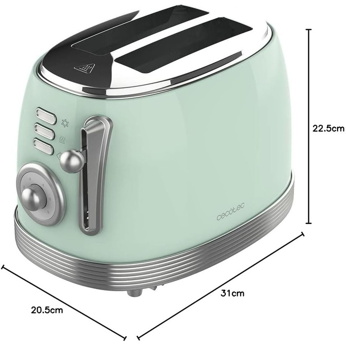 Тостер Cecotec Toast&Taste 800 Vintage Green, 850 Вт, 2 слоти, зелений, нержавіюча сталь, 3 функції