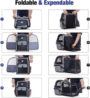 Рюкзак для кота Lekebobor, розширюваний, переноска для тварин, для маленьких собак та середніх котів до 8 кг, складний, для подорожей та походів, блакитний в смужку, 12.6'L x 11.2'W x 16.5'H - L