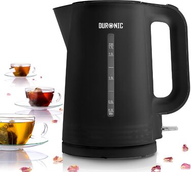 Електричний чайник Duronic EK30 BK: 3000 Вт, регулювання температури, 1.5 л, антикальк-фільтр, LED-індикатор, функція підтримки тепла, швидкий нагрів, чорний/білий