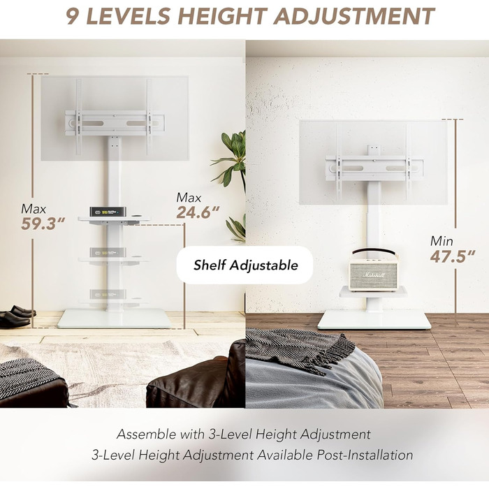 Adjustable TV Stand for 32-65 inch TVs - Swivel & Tilt, 2-Tier Shelves, VESA 400x400, 35kg Capacity (White)