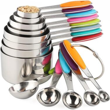 13-Piece Measuring Cup and Spoon Set, Multifunctional Stainless Steel Measuring Spoon with Silicone Handle