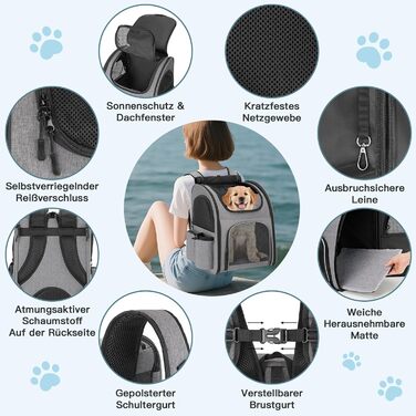 Рюкзак для тварин до 10 кг з сіткою, дихаючий та легкий, з внутрішнім шнуром безпеки та килимком (сірий)