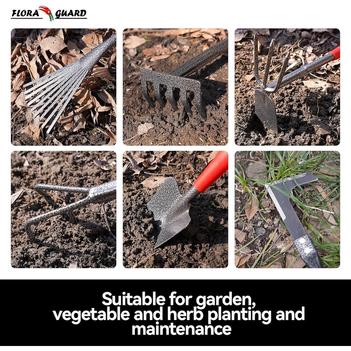 FLORA GUARD Garden Tools, 6-Piece Garden Tool Set Including Weeder, Garden Shovel, Hand Rake, Hand Hoe, Brush Rake, Cultivator, Garden Hand Tools with Heads Made of Carbon Steel