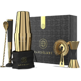 Набір бармена Boston Shaker Set BarDeluxe® 5 предметів: шейкер, аксесуари, рецепти, сумка (золото)