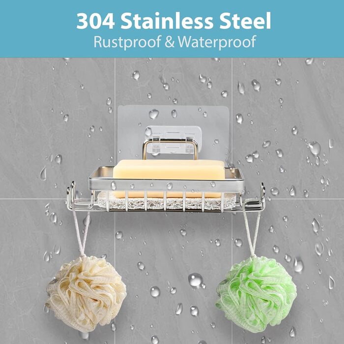 Набір з 2 шт. тримач для мила з нержавіючої сталі 304, для душу та ванної кімнати, кріплення без свердління, з гачком та підставкою для мила, срібний колір