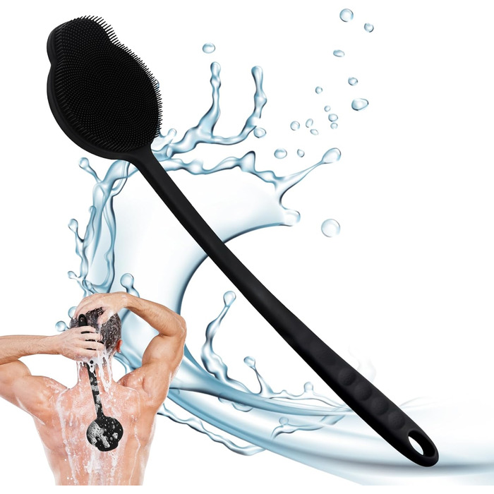 Силіконовий скребок для тіла під душ з довгим ручним держаком, двосторонній скребок для душу для пілінгу та масажу, створює багату піну, скребок для спини з довгим ручним держаком для чоловіків (Carbon Black)