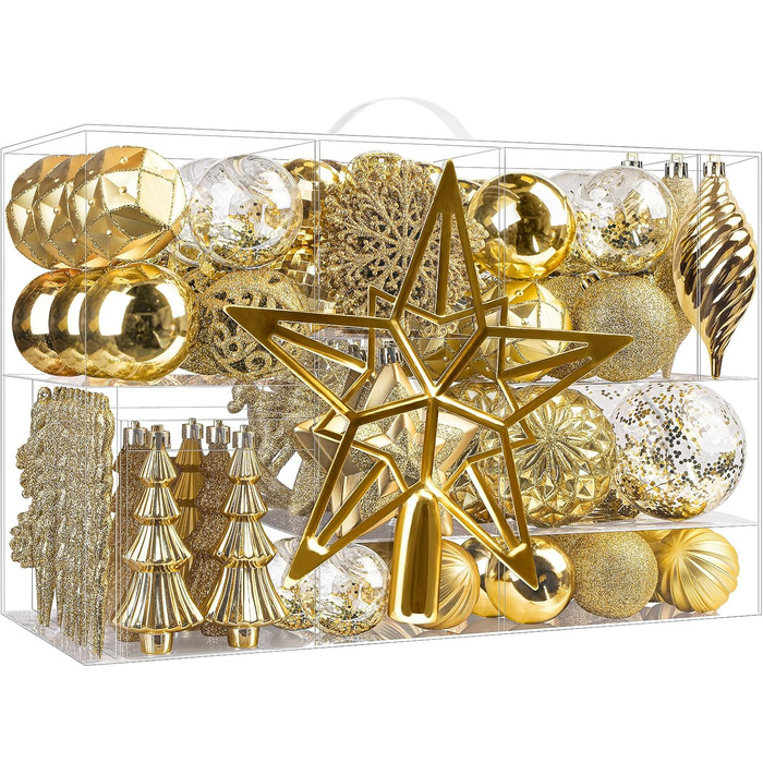 100 шт. Новорічні кулі SHareconn: набір пластикових, безпечних, різних розмірів та кольорів, для прикраси ялинки (внутрішнє та зовнішнє використання), золоті