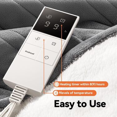 Електрична ковдра з підігрівом, 9 зон, таймер 1-9 годин, функція пам'яті, швидкий нагрів, фланель/шкіряна підкладка, 160x120 см, для 1 особи/дивану