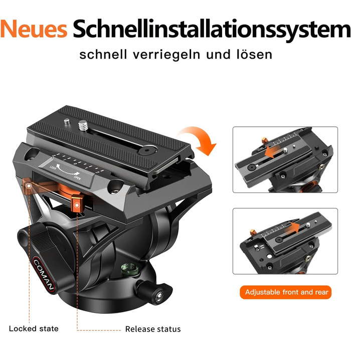 Штатив для камери COMAN 186см з алюмінію, 360° обертання та +/-90° нахил, відео штатив, максимальне навантаження 10кг