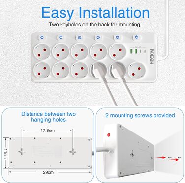 Многорозетка HEEKIM з USB, 11 розеток (2 USB-A, 2 USB-C), 4000W, 16A, з індивідуальним вимикачем, 2м кабель, для дому, школи, офісу
