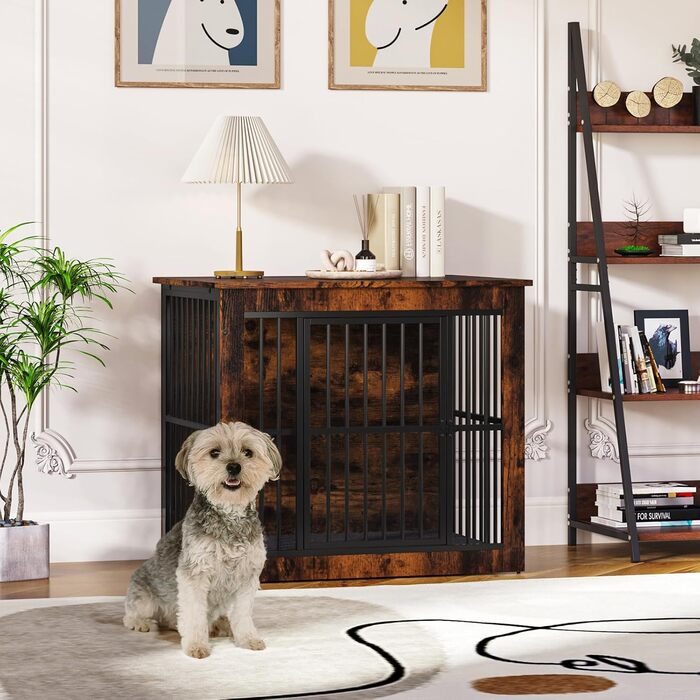 Клітка для собак велика дерев'яна з подвійними дверцятами, міцна собача будка для дому, знімний піддон, для малих, середніх та великих собак, 97,5 x 80,5 x 59 x 71,5 см