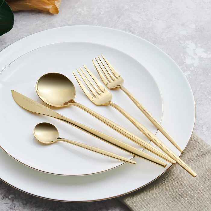 Karaca Orion Shiny Gold 30-Piece Cutlery Set - Knives, Forks, Spoons, Cake Forks, Stainless Steel, Dining Cutlery Tableware Set - Healthy and Hygienic, Modern Design