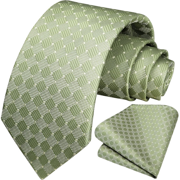 HISDERN Комплект краватки та нагрудного хустинки для чоловіків: краватка в клітинку та елегантний нагрудний хустинка салатовий колір