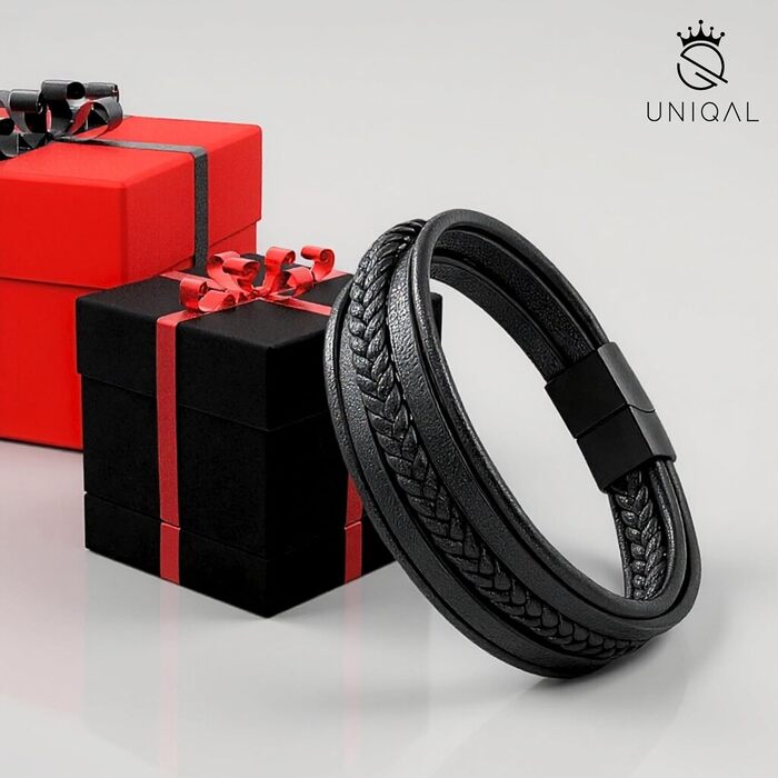 Чоловічий браслет UNIQAL 'Premium Style' з натуральної шкіри та нержавіючої сталі | Коробка-подарунок | 19 см