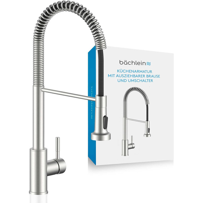 Кухонний змішувач Bächlein Nedo – поворотний на 360 градусів, з нержавіючої сталі, з гнуким гусаком та висувною лійкою, для кухні