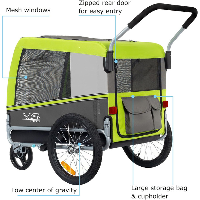 Візок для собак Tiggo VS Pets 2-в-1: візок та велосипедний причіп, великий, 270 л, до 35 кг (зелений)