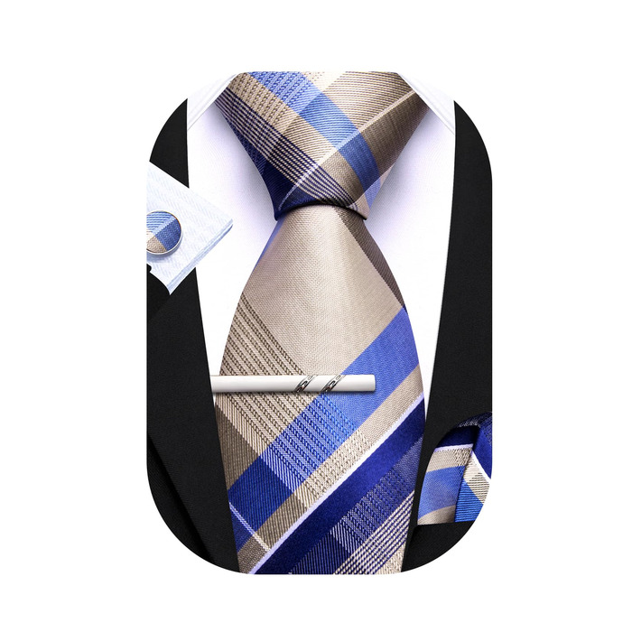 Набір краваток у клітинку Barry.Wang з хустинкою та запонками. Класична смугаста краватка для чоловіків (кремового кольору)