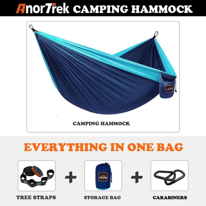 Кемпінгова гамак AnorTrek із надлегкого нейлону парашутного типу, портативна, з двома ременями для дерев, одно- або двомісна, синьо-темно-синя, 300x200 см