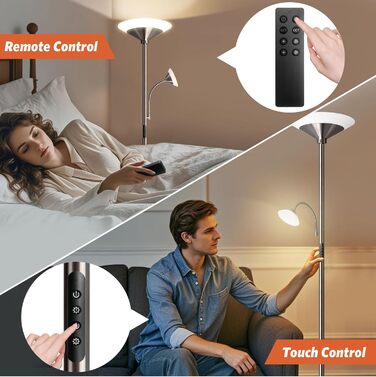 LED торшер BBHome для вітальні з регулюванням яскравості та лампою для читання, 3000K-6500K, з пультом та сенсором, срібний