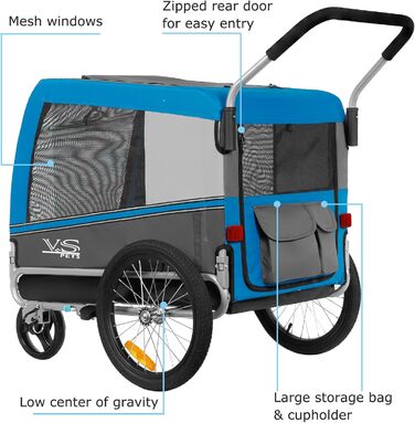 Візок для собак Tiggo VS Pets 2-в-1: візок та велопричіп, блакитний, об'єм 270 л, до 35 кг