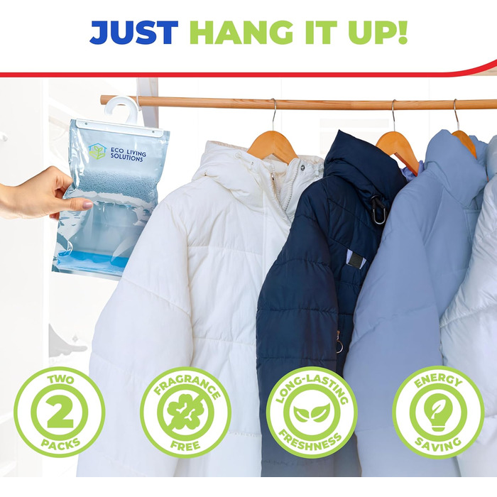 Eco Living Solutions Moisture Absorber Packs, Unscented, Moisture Absorbers, Hanging Closet Air Dehumidifier Bags, Eliminates Odors for Fresher Air, Ideal for the Closet