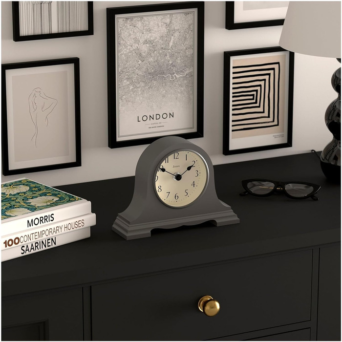 JONES CLOCKS® Speakeasy Table Clock | Classic Napoleon Hat Design | Dark Grey | Contemporary classic style for desk, table, shelf or bedside table