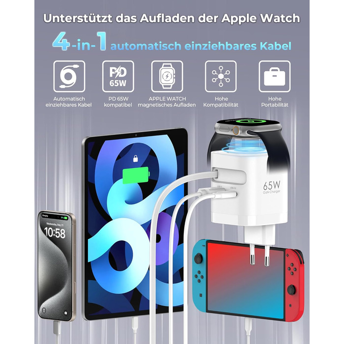 Зарядний пристрій 65W USB-C GaN з кабелями для Apple Watch, iPhone, iPad, MacBook, Samsung Galaxy - білий