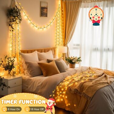 Льо́хкова гірлянда на Різдво, 200 LED, з таймером, 8 режимів, вологостійка, 40м, тепле біле світло для прикраси ялинки, саду, дому