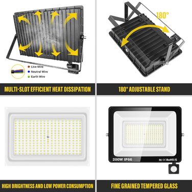 Willpower 200W 20000LM LED Floodlight Outdoor with Motion Sensor, 6000K Cool White, IP66 Waterproof LED Outdoor Floodlight, Spot Light for Garage, Hallway, Garden, Courtyards, Hotel, Sports Field